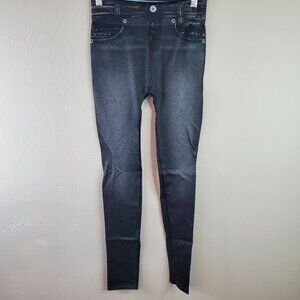 Liggings Womens Black Faux Denim Print Pocket Leggings M
